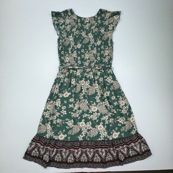 Luxology Green Floral Boho Midi Dress Large Smocked Top Tie Belt - Picture 5 of 9